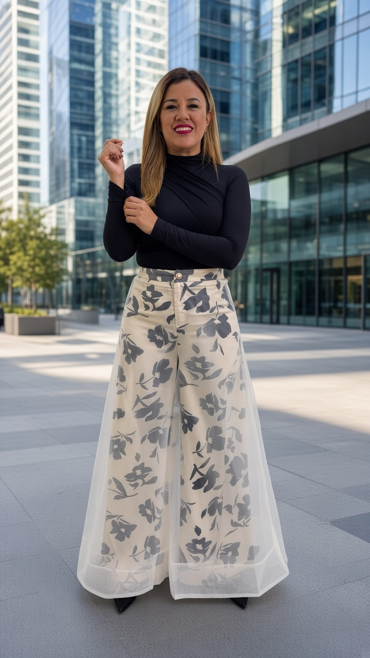 Pantalón Blanco con Estampado Floral Negro Con Forro de Gasa